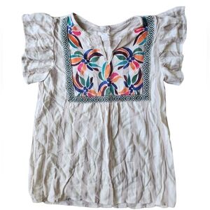 L LOVE Boho Chic Oaxacan Embroidered Flutter Sleeve Blouse, size L